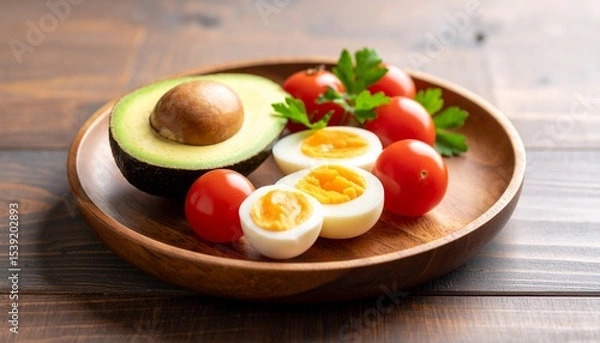 Fototapeta Avocado, boiled eggs and dripping tomatoes on a plate