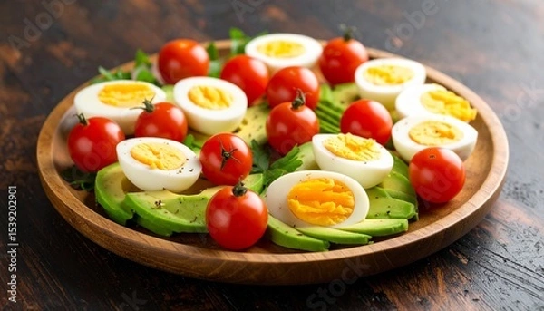 Fototapeta Avocado, boiled eggs and dripping tomatoes on a plate