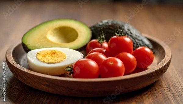 Fototapeta Avocado, boiled eggs and dripping tomatoes on a plate