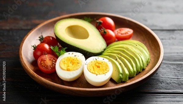 Fototapeta Avocado, boiled eggs and dripping tomatoes on a plate