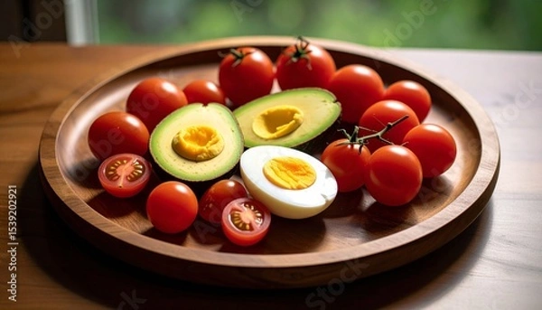 Fototapeta Avocado, boiled eggs and dripping tomatoes on a plate