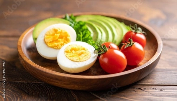 Fototapeta Avocado, boiled eggs and dripping tomatoes on a plate