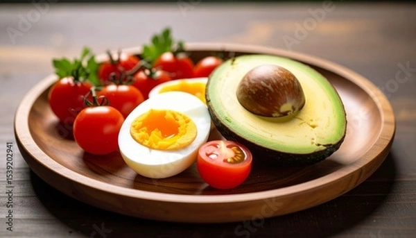 Fototapeta Avocado, boiled eggs and dripping tomatoes on a plate