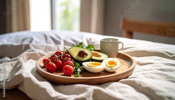 Fototapeta Avocado, boiled eggs and dripping tomatoes on a plate