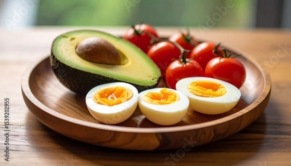 Fototapeta Avocado, boiled eggs and dripping tomatoes on a plate