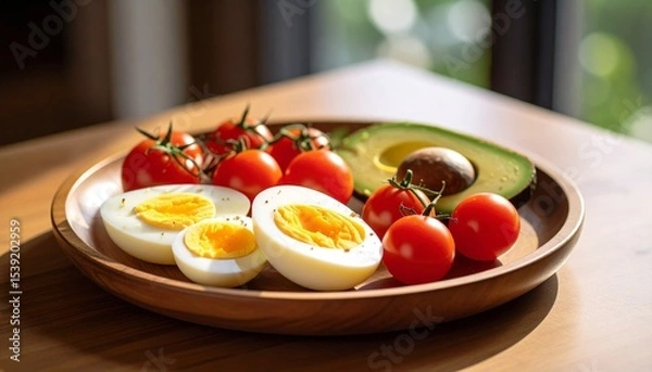 Fototapeta Avocado, boiled eggs and dripping tomatoes on a plate