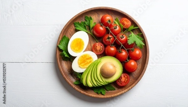 Fototapeta Avocado, boiled eggs and dripping tomatoes on a plate