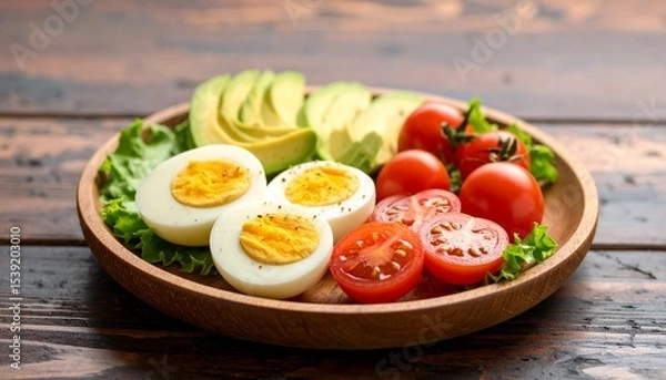 Fototapeta Avocado, boiled eggs and dripping tomatoes on a plate