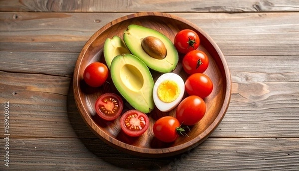 Fototapeta Avocado, boiled eggs and dripping tomatoes on a plate