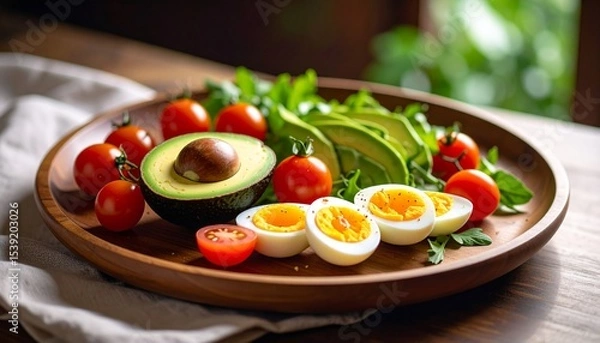 Fototapeta Avocado, boiled eggs and dripping tomatoes on a plate