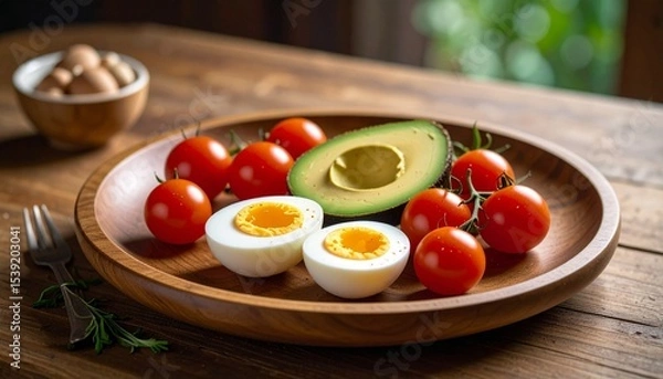 Fototapeta Avocado, boiled eggs and dripping tomatoes on a plate
