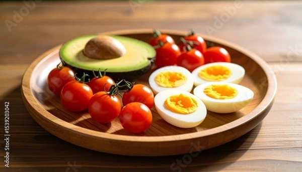 Fototapeta Avocado, boiled eggs and dripping tomatoes on a plate