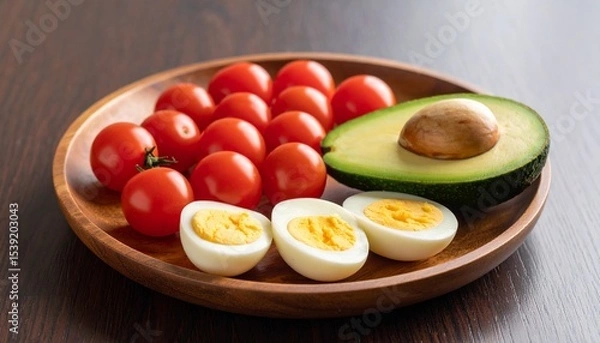 Fototapeta Avocado, boiled eggs and dripping tomatoes on a plate
