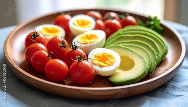Fototapeta Avocado, boiled eggs and dripping tomatoes on a plate
