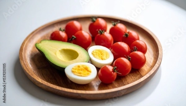 Fototapeta Avocado, boiled eggs and dripping tomatoes on a plate