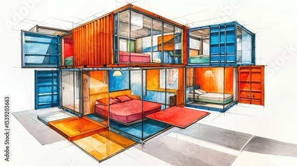 Obraz Colorful container house design sketch.