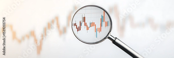 Obraz Analyzing stock trends with a magnifying glass over a financial chart, focusing on market data and investment analysis. Technical analysis in action.