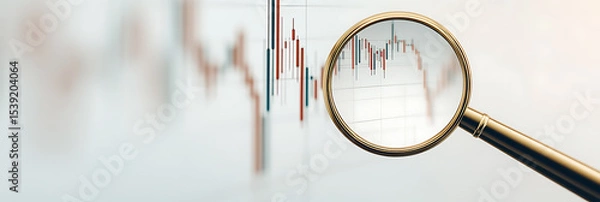 Obraz Magnifying glass highlights stock chart decline. Financial analysis, investment review, economic downturn scrutiny, and market volatility insights.