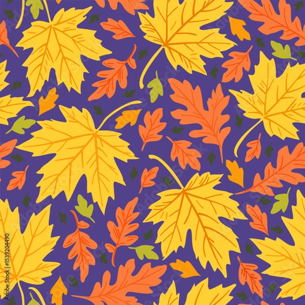 Fototapeta Bright vector seamless pattern with autumn leaves on blue background