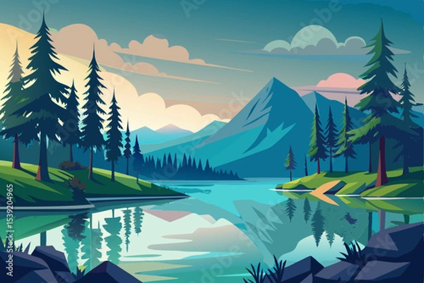 Fototapeta Serene mountain lake landscape reflecting the summer sky and surrounding forest