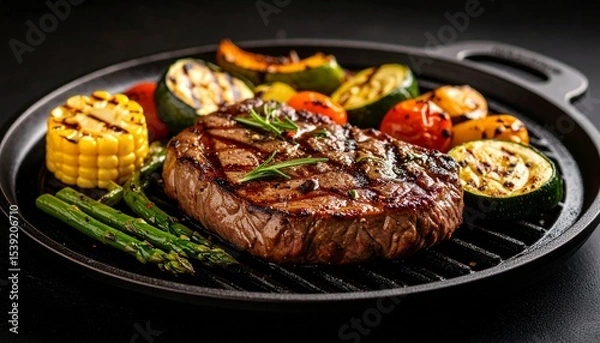 Obraz Cheesy beef steak and grilled vegetables on hot plate