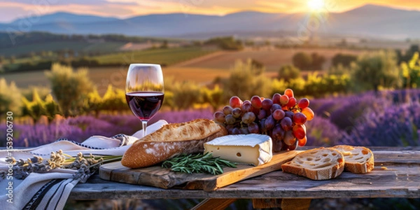 Fototapeta French cheese plate, fresh baguette and a glass of red wine on a wooden table, with lavender fields of Provence in the background.