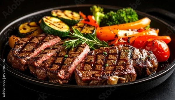 Obraz Cheesy beef steak and grilled vegetables on hot plate