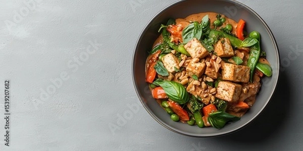 Fototapeta Sautéed tofu cubes sit atop a bed of assorted colorful vegetables in a rich peanut sauce, creating a nourishing and visually appealing meal. Fresh basil enhances the dish’s aroma