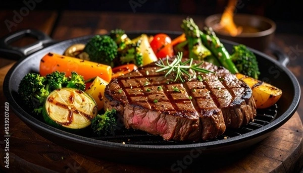 Obraz Cheesy beef steak and grilled vegetables on hot plate