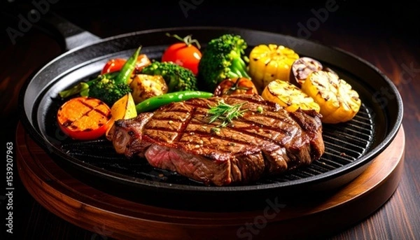 Fototapeta Cheesy beef steak and grilled vegetables on hot plate
