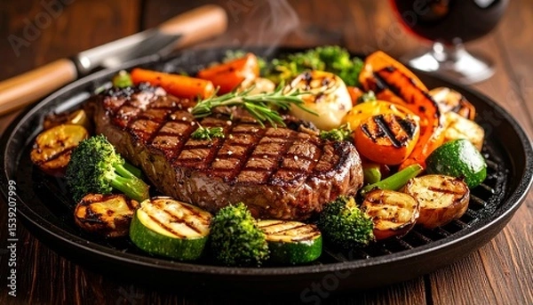 Fototapeta Cheesy beef steak and grilled vegetables on hot plate

