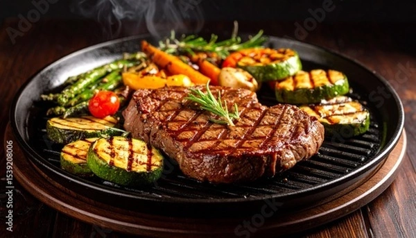 Fototapeta Cheesy beef steak and grilled vegetables on hot plate
