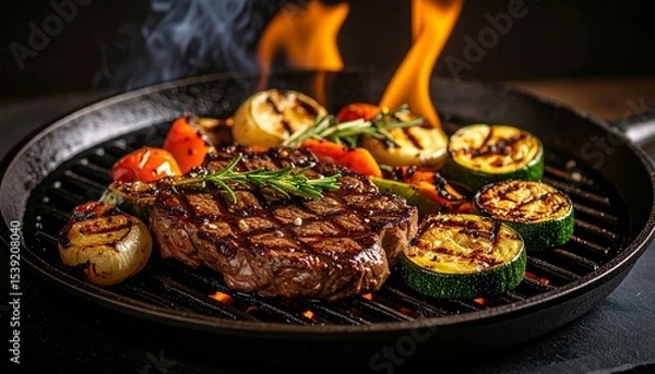 Fototapeta Cheesy beef steak and grilled vegetables on hot plate
