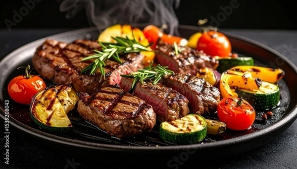 Fototapeta Cheesy beef steak and grilled vegetables on hot plate
