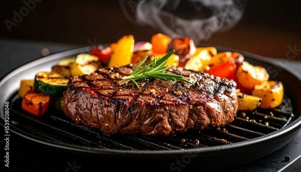 Fototapeta Cheesy beef steak and grilled vegetables on hot plate
