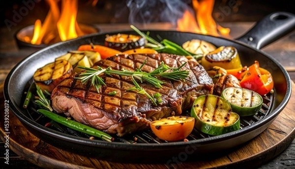 Fototapeta Cheesy beef steak and grilled vegetables on hot plate
