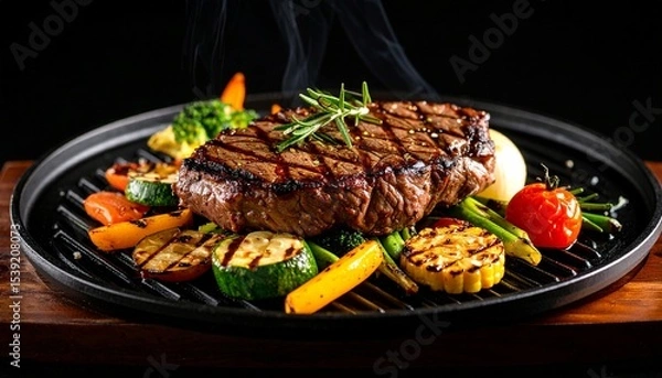 Fototapeta Cheesy beef steak and grilled vegetables on hot plate
