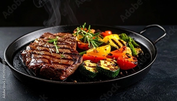 Fototapeta Cheesy beef steak and grilled vegetables on hot plate
