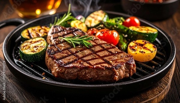 Fototapeta Cheesy beef steak and grilled vegetables on hot plate
