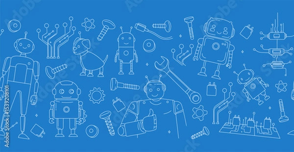 Fototapeta Seamless Doodle Pattern with Robots, Tools, and Microchips STEM and Engineering Theme