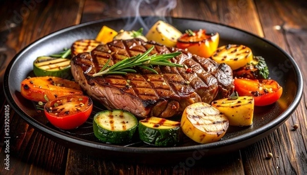 Fototapeta Cheesy beef steak and grilled vegetables on hot plate
