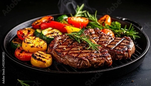 Fototapeta Cheesy beef steak and grilled vegetables on hot plate
