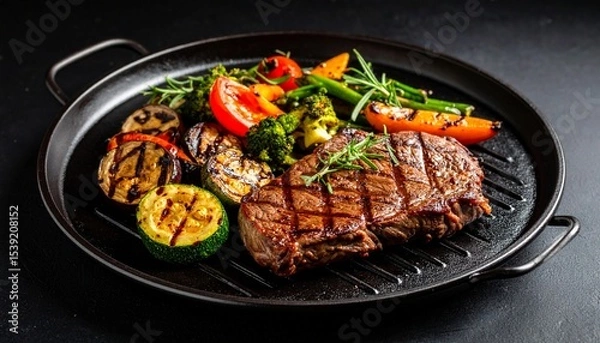 Fototapeta Cheesy beef steak and grilled vegetables on hot plate
