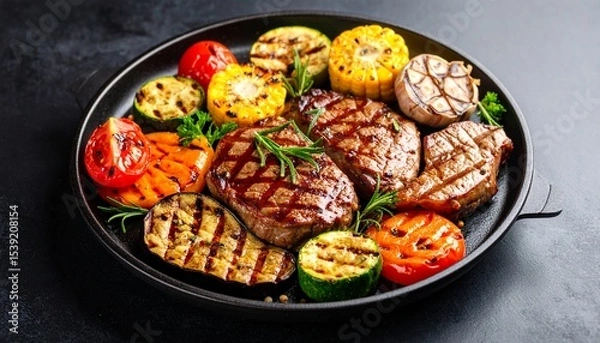 Fototapeta Cheesy beef steak and grilled vegetables on hot plate
