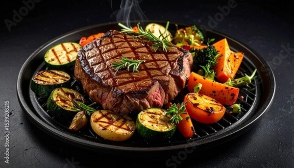 Fototapeta Cheesy beef steak and grilled vegetables on hot plate
