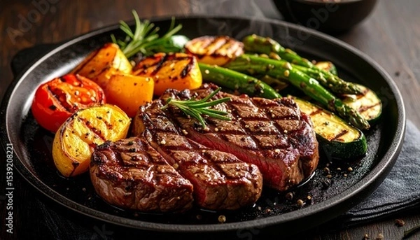 Fototapeta Cheesy beef steak and grilled vegetables on hot plate
