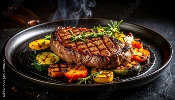 Fototapeta Cheesy beef steak and grilled vegetables on hot plate
