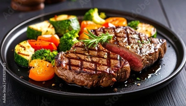 Obraz Cheesy beef steak and grilled vegetables on hot plate
