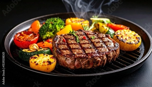 Fototapeta Cheesy beef steak and grilled vegetables on hot plate
