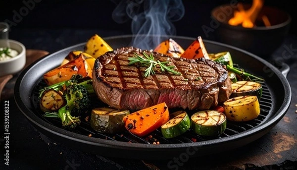 Fototapeta Cheesy beef steak and grilled vegetables on hot plate
